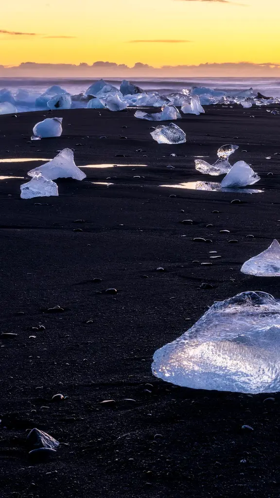 氷河の塊が散らばる黒い砂浜