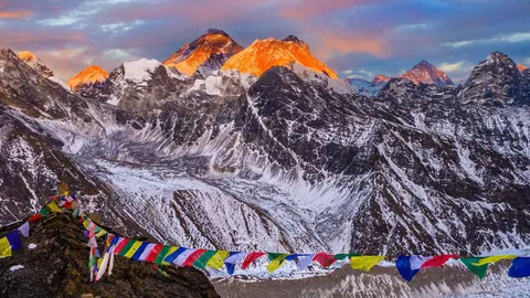 The summit of Mount Everest at sunset, seen from Renjo La, Nepal