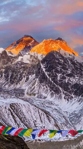 The summit of Mount Everest at sunset, seen from Renjo La, Nepal