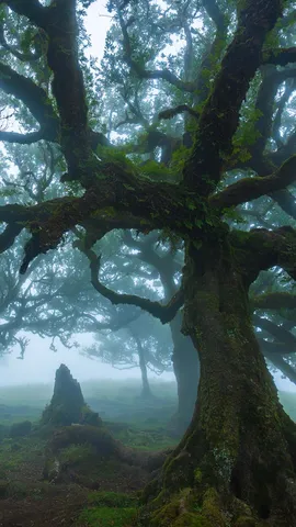 Ancient til trees in Fanal Forest, island of Madeira, Portugal