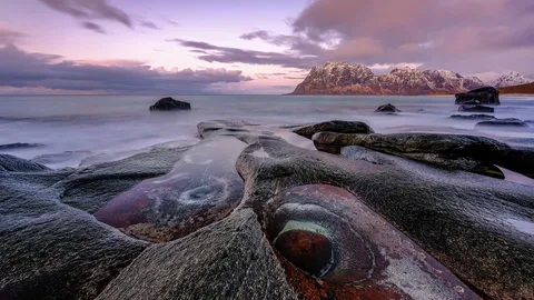 The Dragon's Eye rock formation at Uttakleiv Beach, Norway