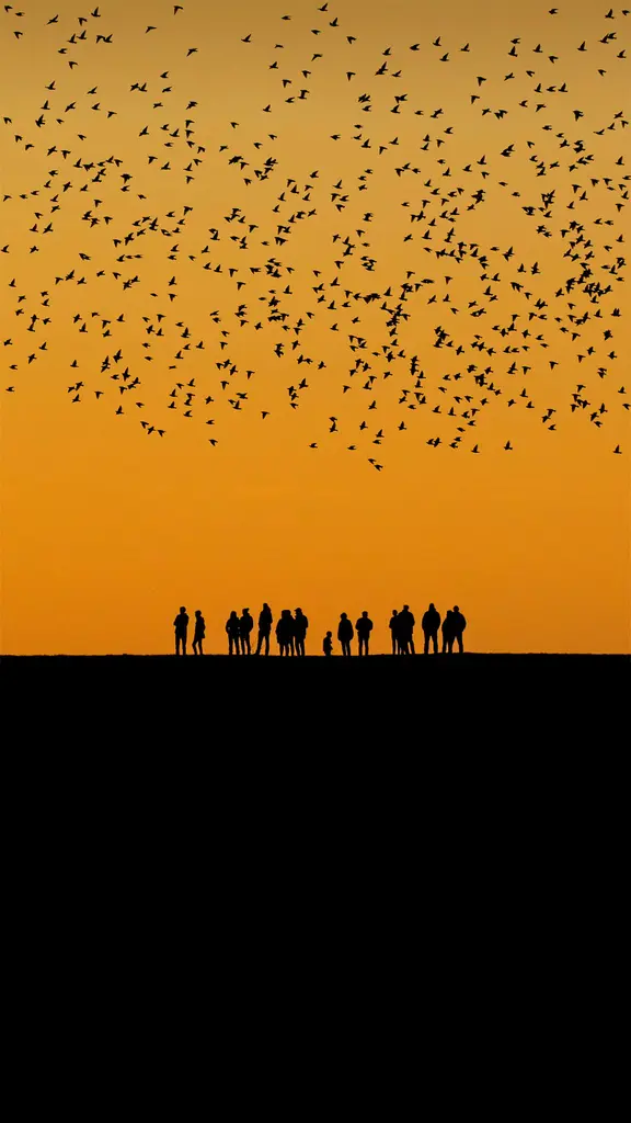 秋季在湿地上空迁徙的椋鸟群