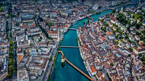 Aerial view of Chapel Bridge over the river Reuss in Lucerne, Switzerland