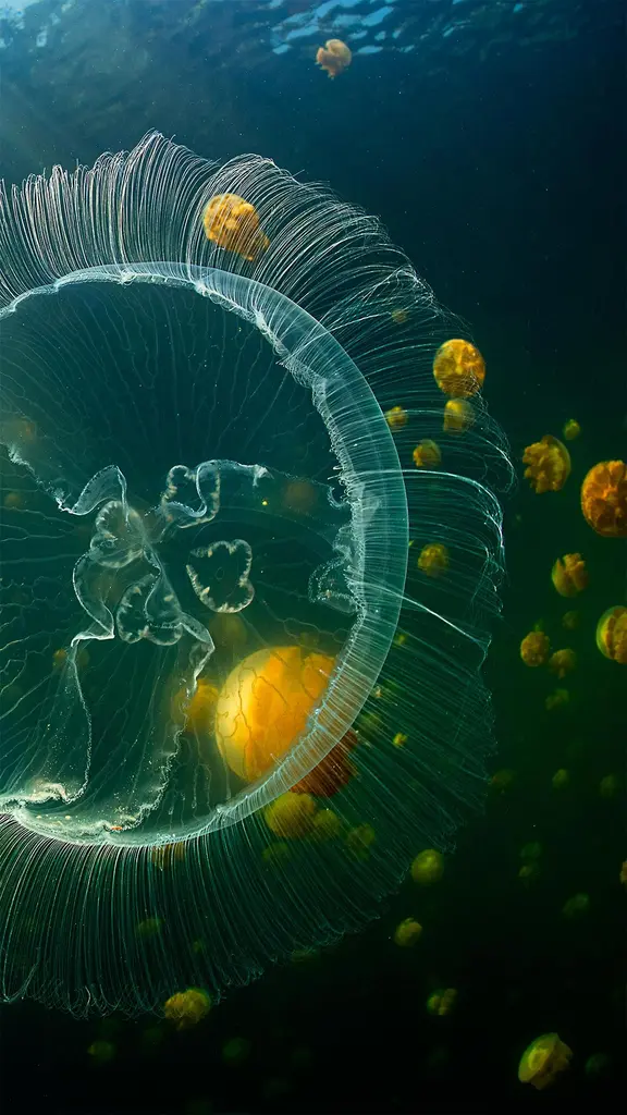 海月水母和一群无刺的黄金水母，印度尼西亚