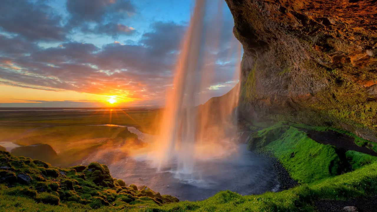 Seljalandsfoss waterfall at sunset, Iceland