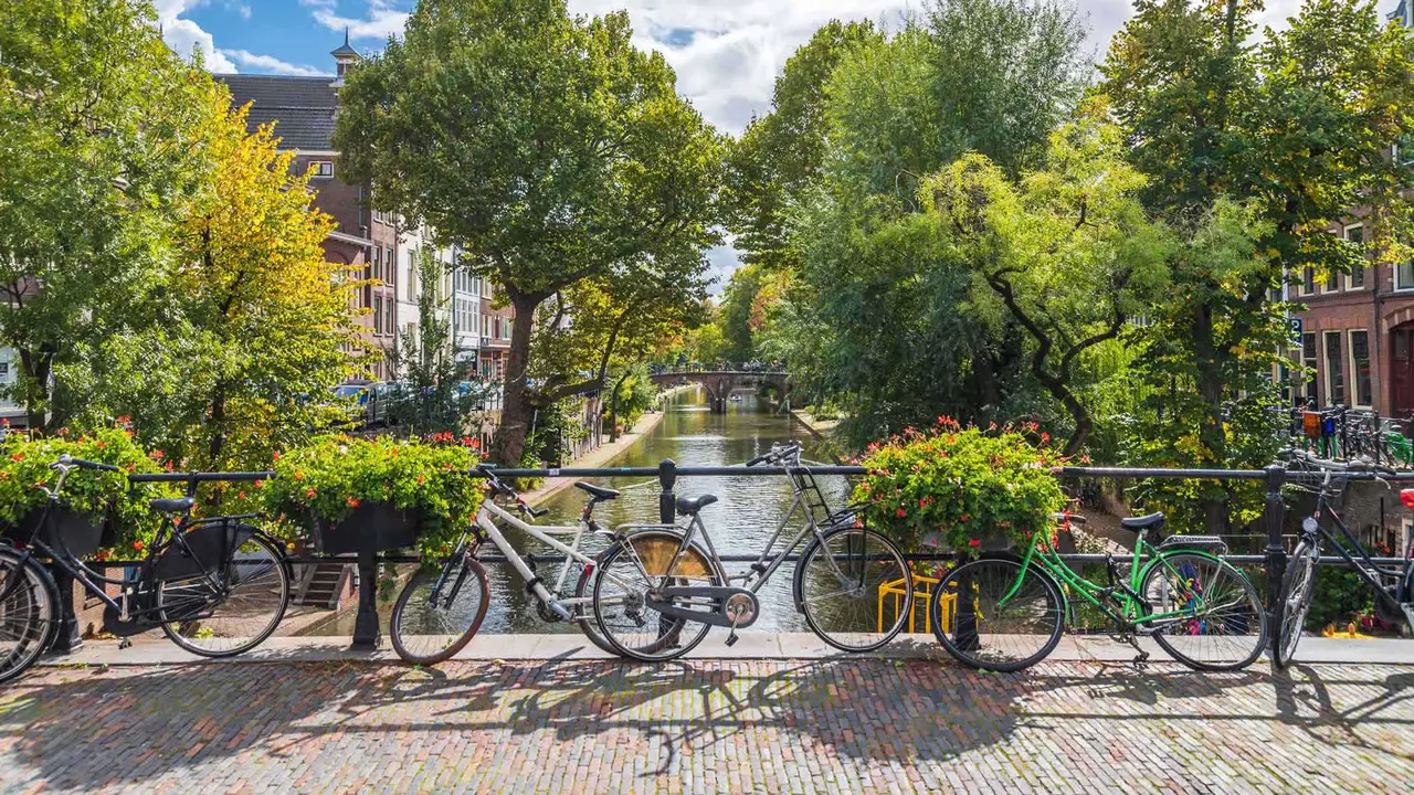 Bicycles on a bridge in Utrecht, Netherlands