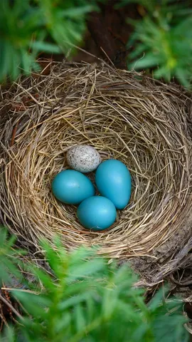 装有褐头牛鹂的蛋的旅鸫巢