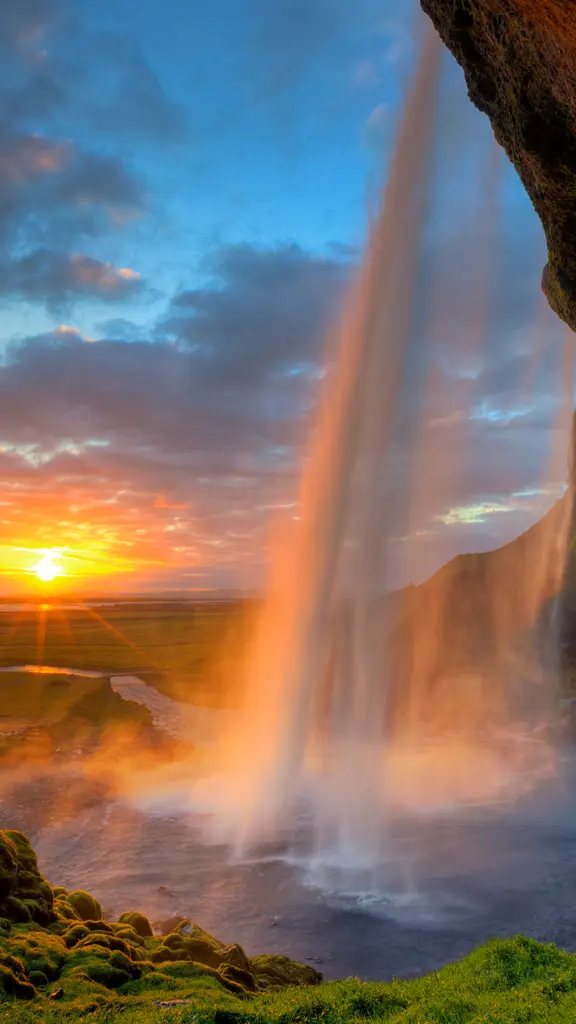 Seljalandsfoss waterfall at sunset, Iceland