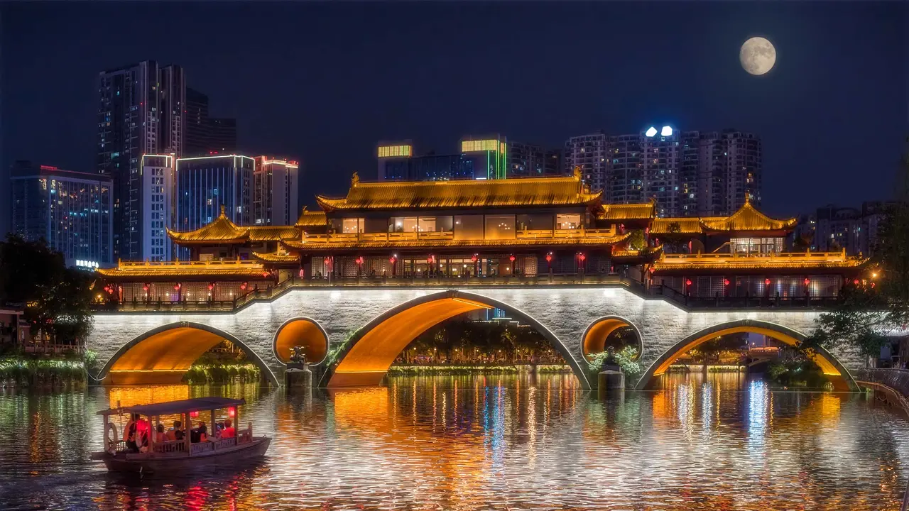 Anshun Bridge illuminated for the Mid-Autumn Festival, Chengdu, China